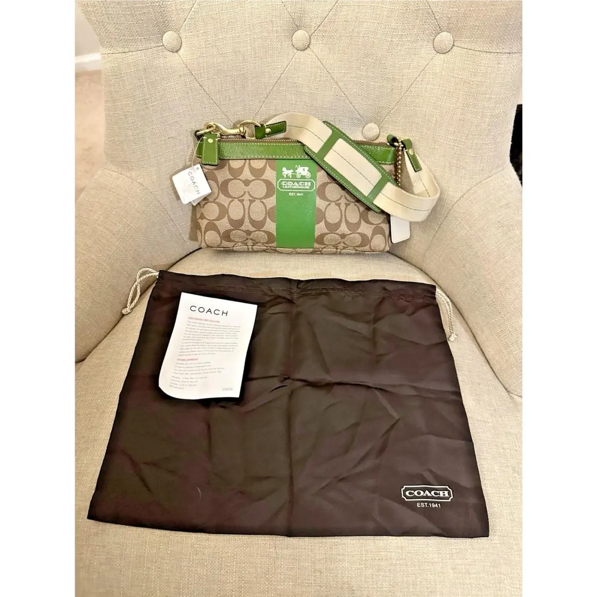 Coach Heritage Stripe Shoulder Bag - Green Khaki Signature Canvas Y2K Retro