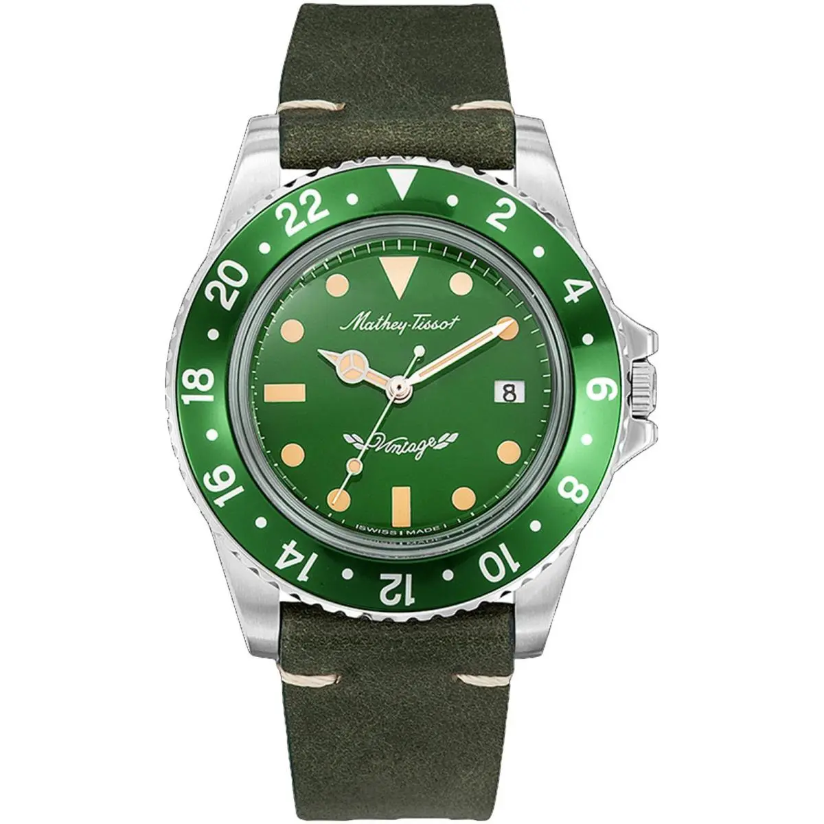 Mathey Tissot Men`s Watch Vintage Rotating Bezel Green Dial Strap H900ALV