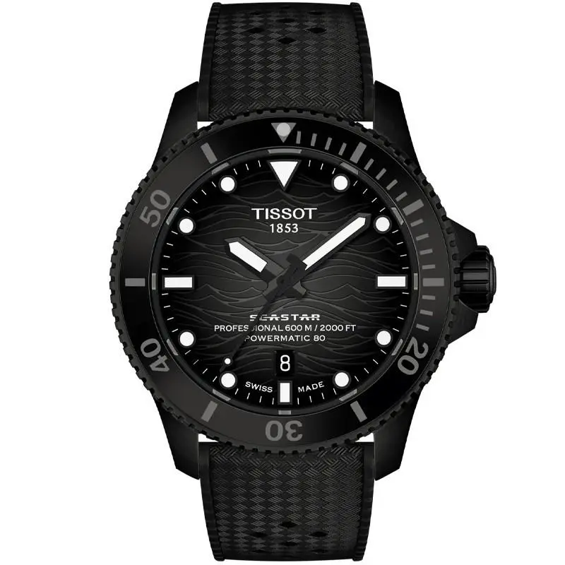 Tissot Seastar 2000 Powermatic 80 44mm Grey Dial Men`s Watch T1209073705100 - Dial: Black, Band: Black, Bezel: Black