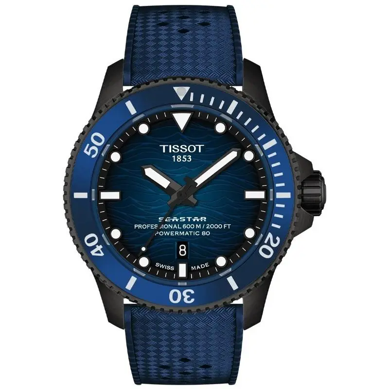 Tissot Seastar 2000 Powermatic 80 44mm Blue Dial Men`s Watch T1209073704100 - Dial: Blue, Band: Blue, Bezel: Blue