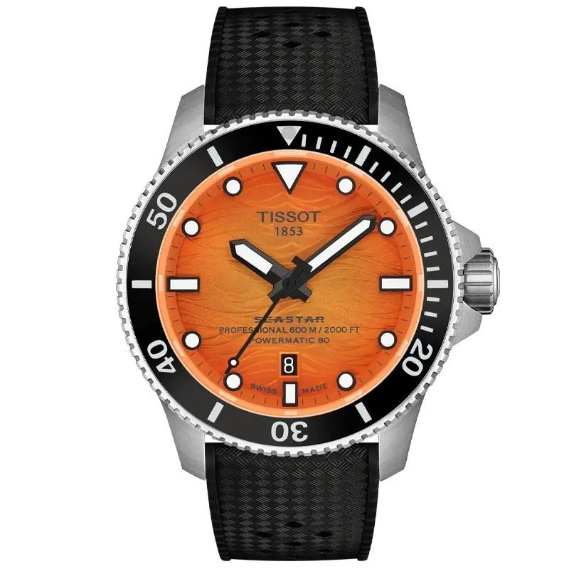 Tissot Seastar 2000 Powermatic 80 44mm Orange Dial Men`s Watch T1209071728100 - Dial: Orange, Band: Black, Bezel: Black