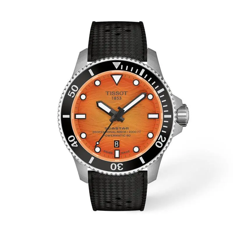 Tissot Seastar 2000 Powermatic 44MM Orange Men`s Watch T120.907.17.281.00 - Dial: Orange, Band: Black, Bezel: Black