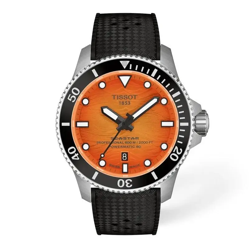 Seastar 2000 44mm Orange Dial Black Rubber Band Watch T1209071728100 by Tissot