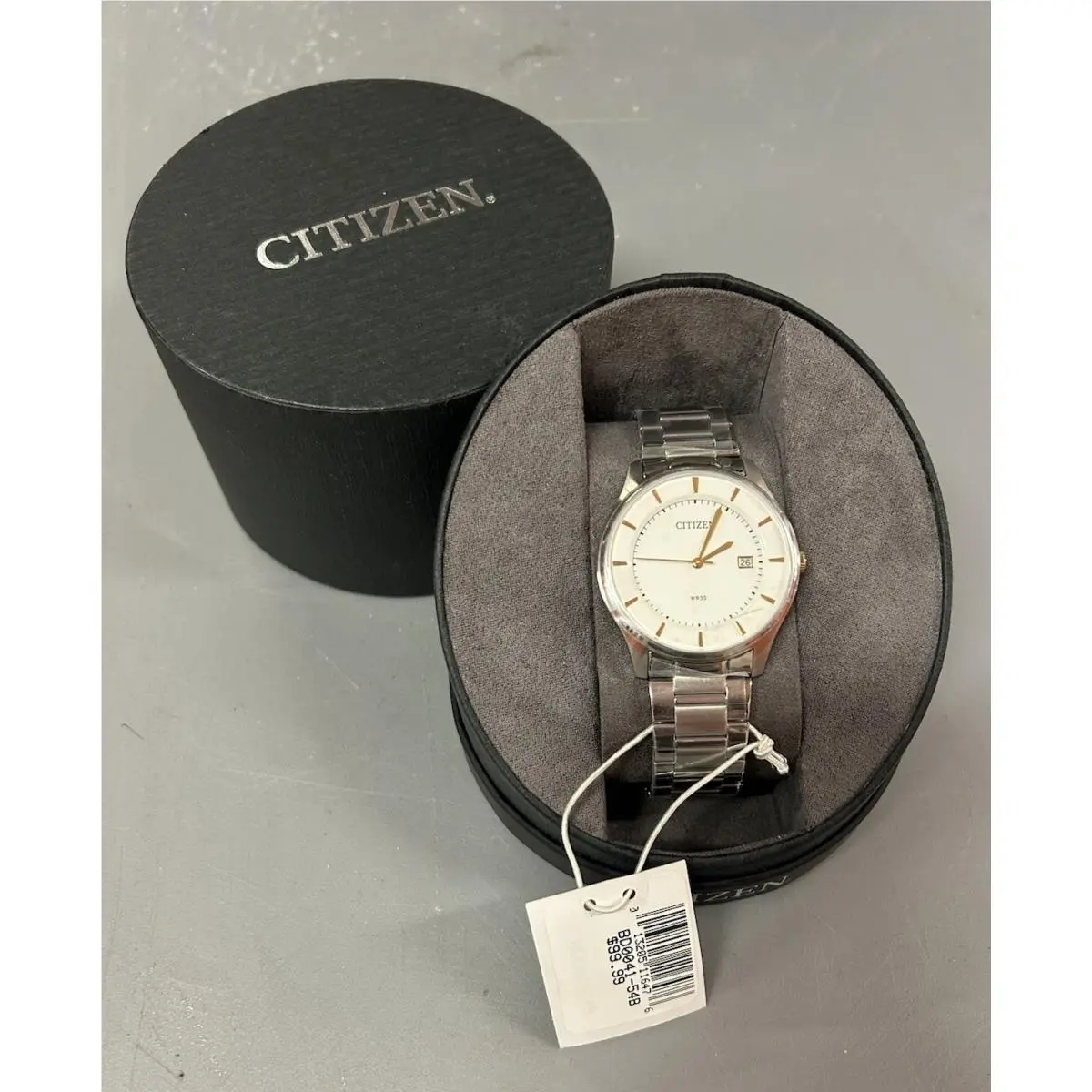 Mens Citizen Classic White w/ Gold Date Dial Silver Wrist Watch BD0041-54B