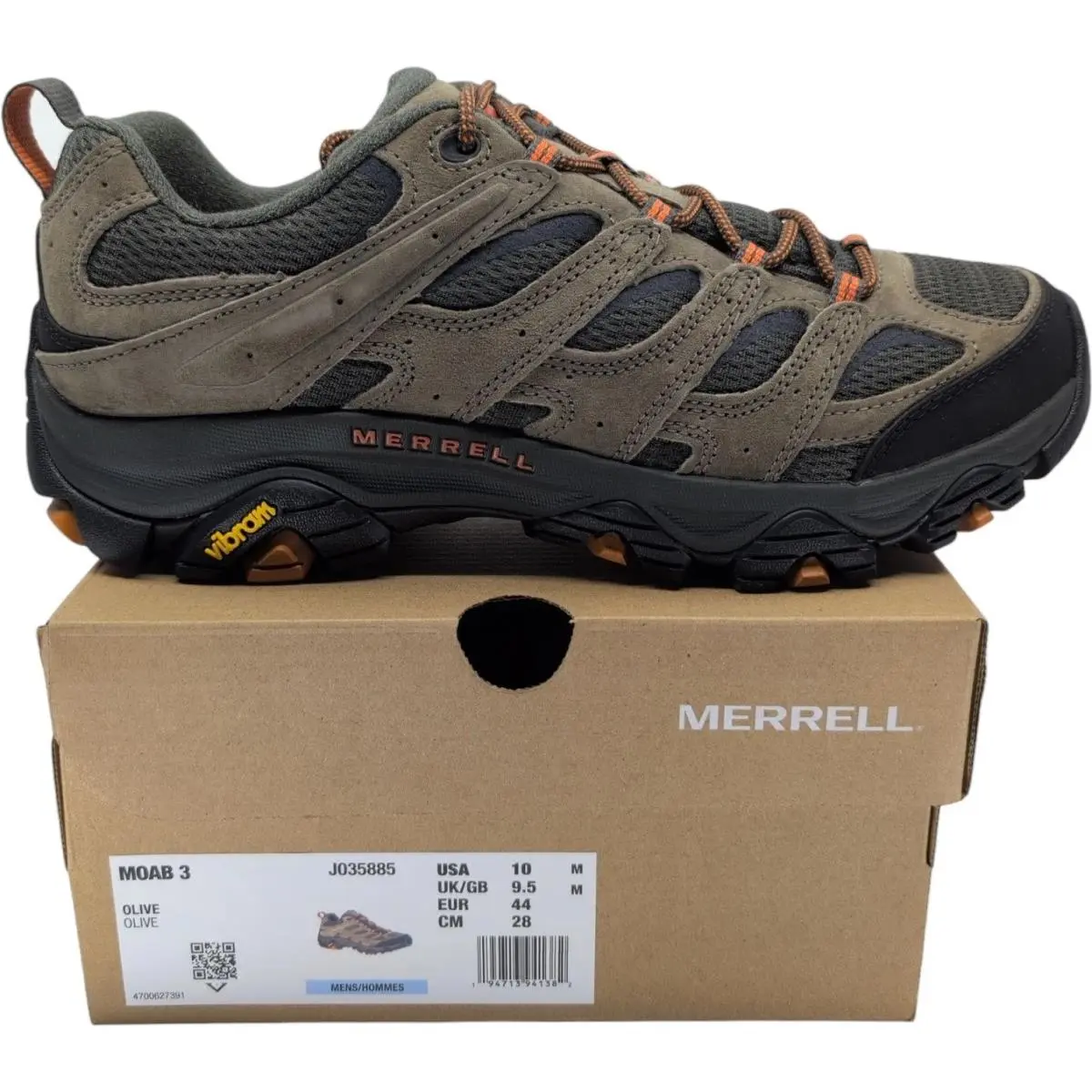 Merrell Moab 3 Low Hiking Shoes Mens Size 10 Olive Suede Trail Vibram J035885