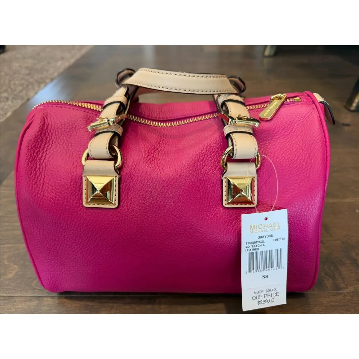 Michael Kors Grayson Medium Duffle Satchel Bag Pink Fuschia Leather