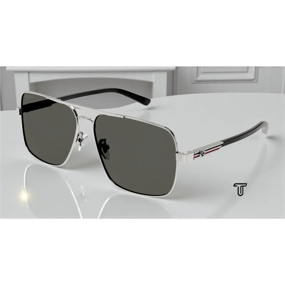 Gucci GG1289S 001 Rectangular Metal Ruthenium Black Grey 62 mm Men`s Sunglasses