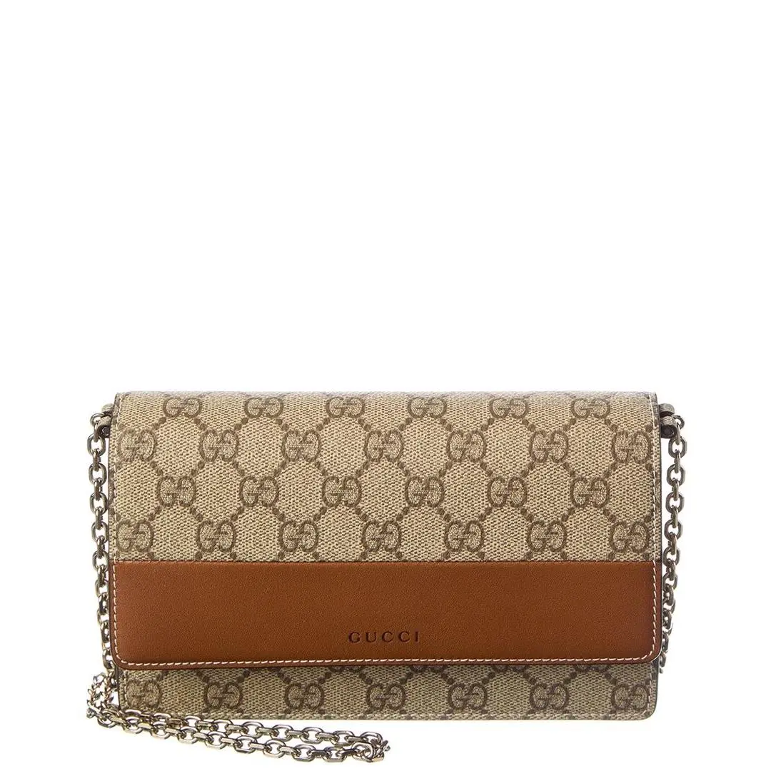 Gucci Gg Emblem Gg Supreme Canvas Leather Wallet On Chain Women`s Brown