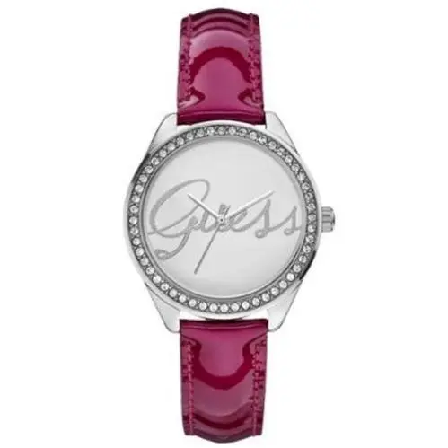 Guess Burgundy Red Strap Women`s Watch Steel Crystals Fixed Silver Dial W0229L3