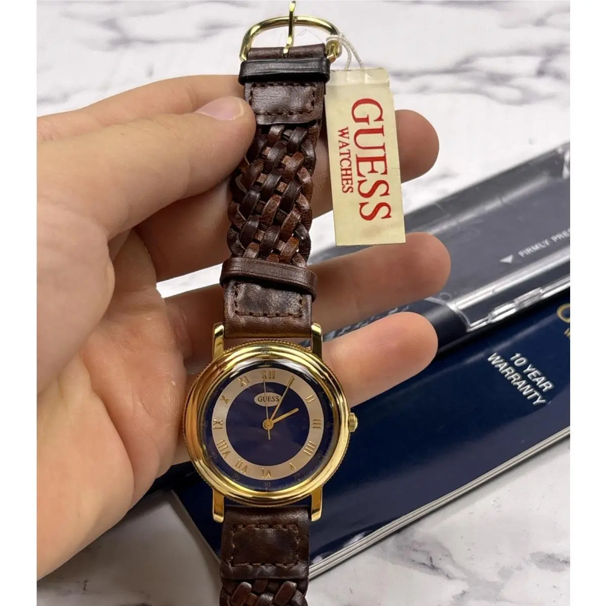 Vintage Guess Watch Gold Blue Face Brown Logo Band in Box 1993