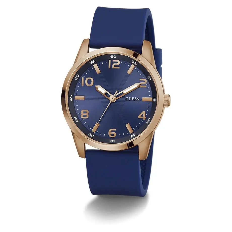 Guess Tire Detail Blue Silicone Rose Gold Tone Mens Watch GW0805G3