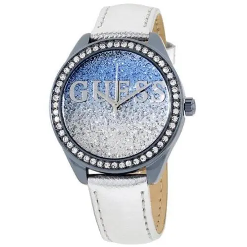 Guess Silver Leather Gem-set Bezel Rose Gold Dial Women`s Crystal Watch W0823L7