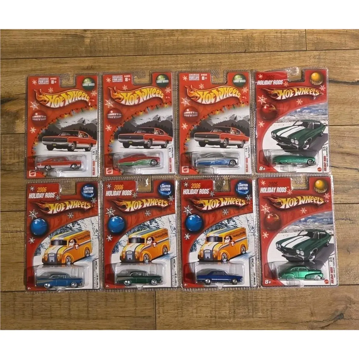 8 Hot Wheels Holiday Rods `57 Chevy Bel Air Purple Passion `65 Pontiac Dodge