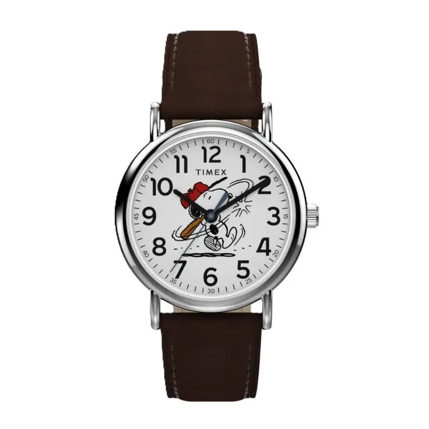 Timex Weekender x Peanuts Men`s Baseball Leather Strap Snoopy Watch TW2Y51500 - Dial: White, Band: Blue, Bezel: Silver