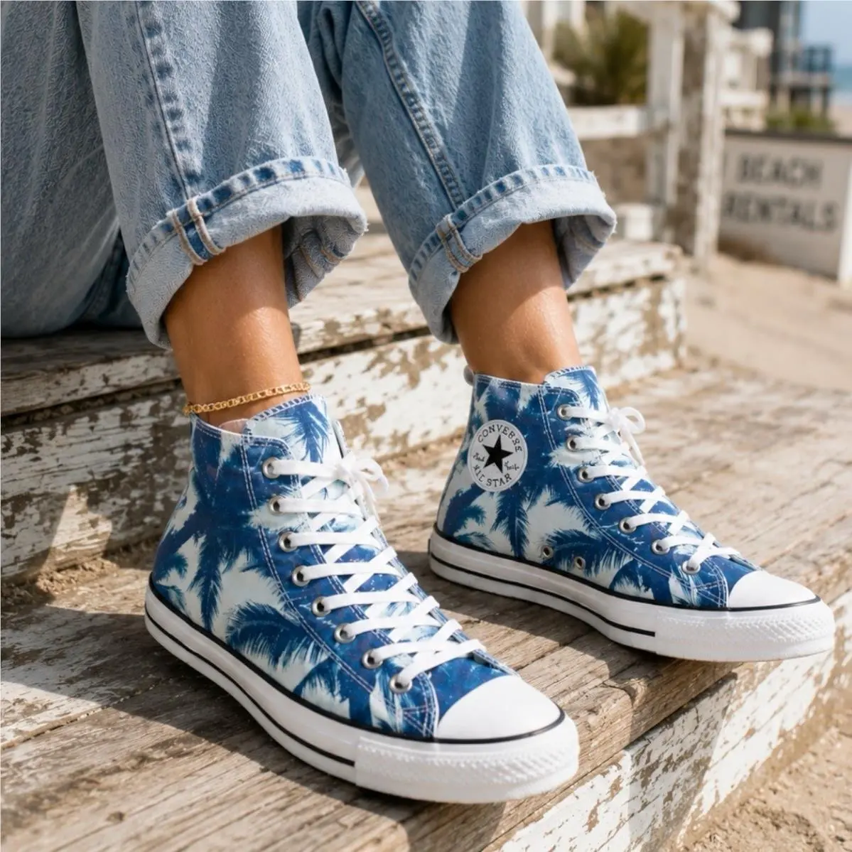 Converse Chuck Taylor All Star Hi Wmns 10.5 Blue Palm Tree Print Tropical Beach