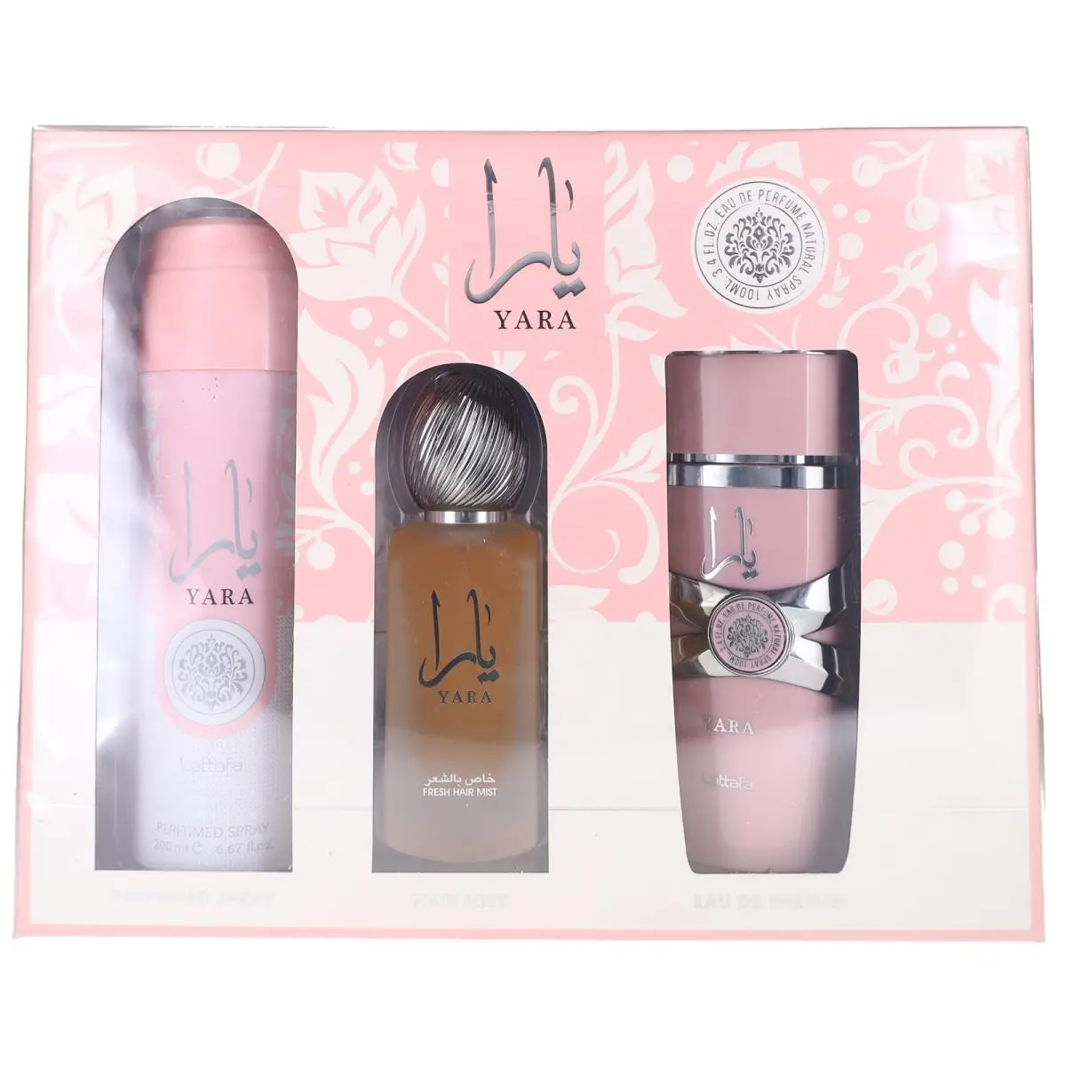 Yara by Lattafa Women Set: Edp + Perfumed Spray + Hair Mist 3.4+6.67+1.7oz SW
