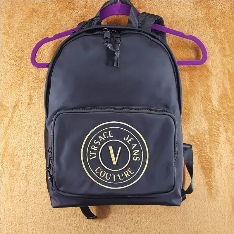 Versace Couture Backpack Black Nylon V Emblem Gold Logo Unisex