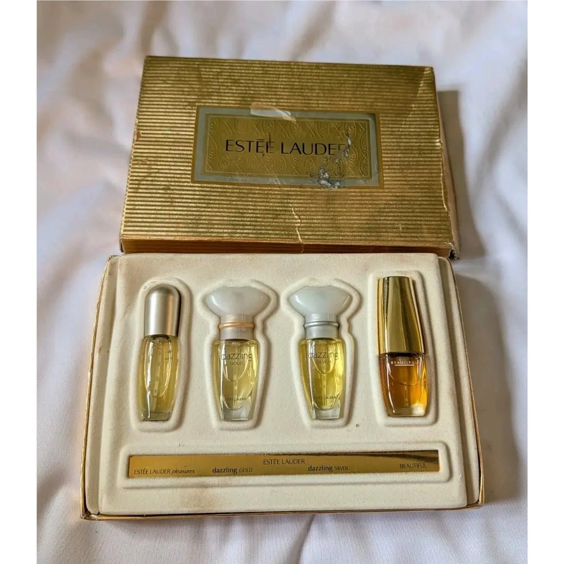 Vtg Estee Lauder 4 Piece Perfume Treasures Gift Set Pleasures Gold Silver Beauty