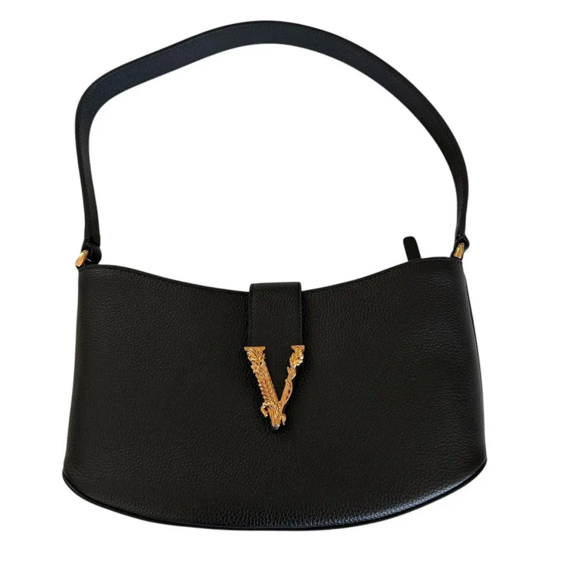 Virtus Small Hobo Bag Black Grained Leather Gold Barocco V 1015539 by Versace