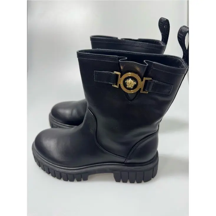 Women`s Black Leather Gold Medusa Motorcycle Boots Shoes 39.5 by Versace