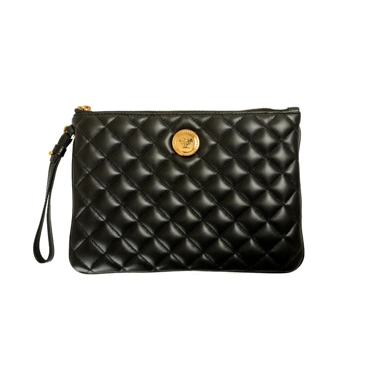 Versace Black Quilted Leather Clutch Pouch Handbag Bag