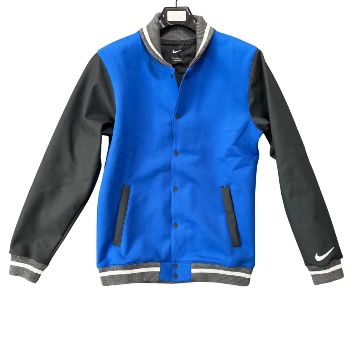 Nike Ftbll Letterman Jacket Mens Size S Royal Blue Black Varsity Style Coat Snap