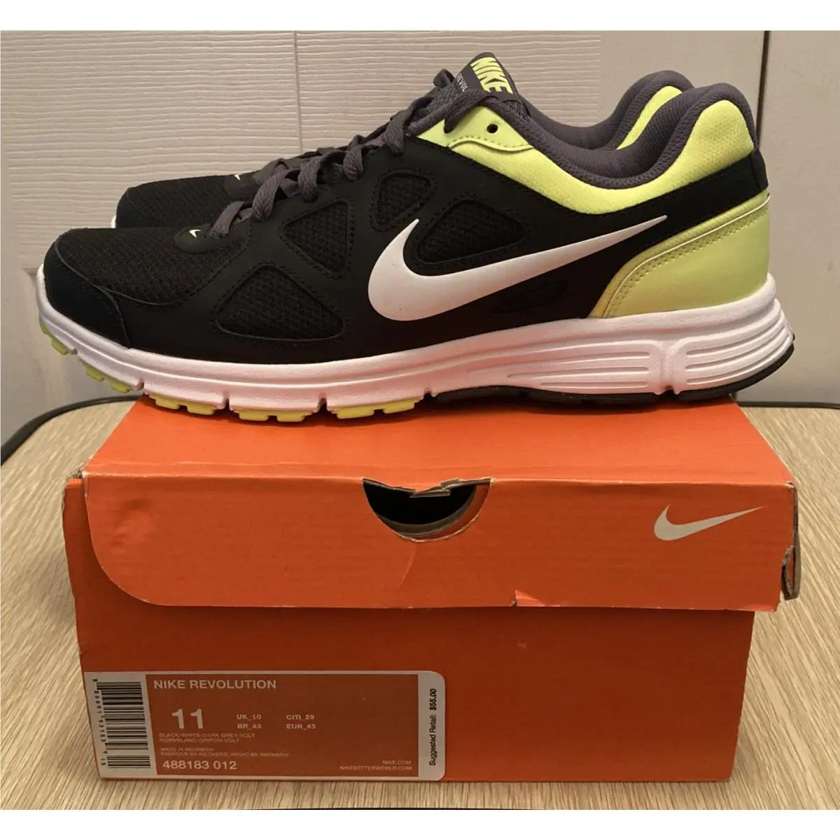 Nike Revolution 2 Mens-SZ-11 Running Shoes Black-gray-volt 488183-012 New