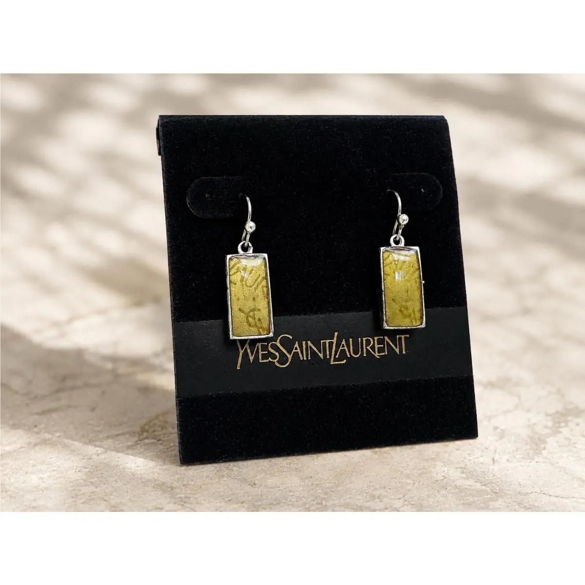 Vtg Ysl  Enamel Coated Logo Dangle Earrings Engraved by Yves Saint Laurent