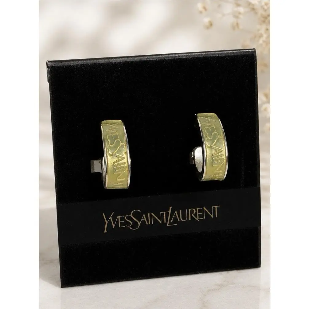 Vtg  Ysl Logo Enamel Coated Silver Engraved Clip Earrings by Yves Saint Laurent