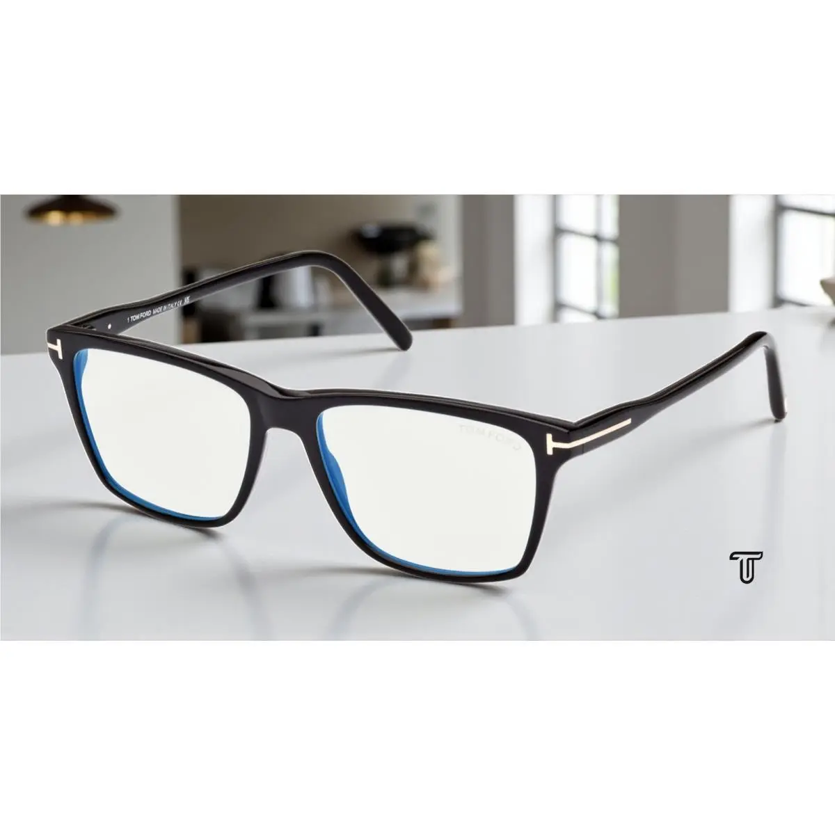 Tom Ford FT5817 B 001 Shiny Black Blue Block Lens 56 mm Men`s Eyeglasses
