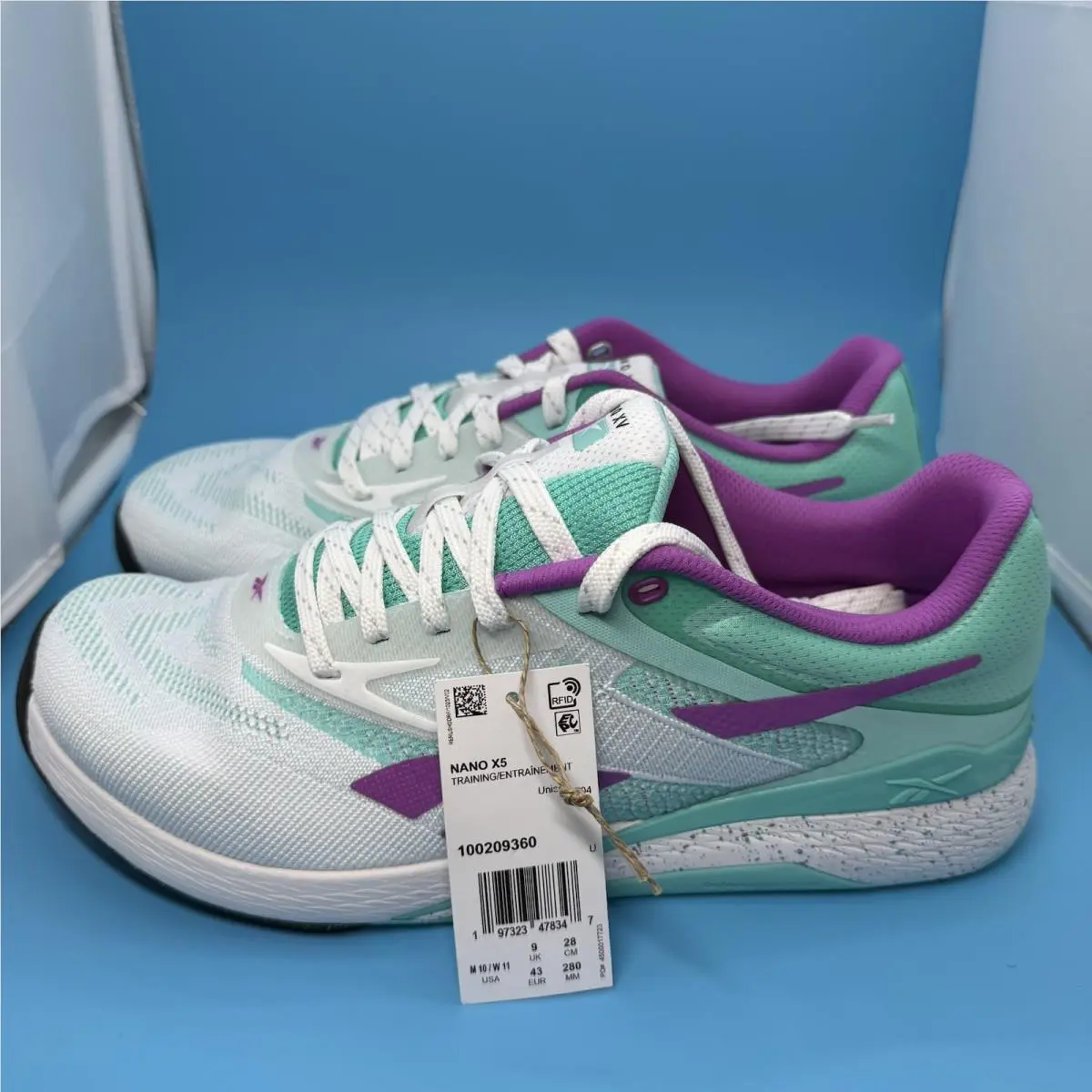 Men`s Reebok Nano X5 Ftwr White/ai Aqua/purple Rave 10 D Medium US