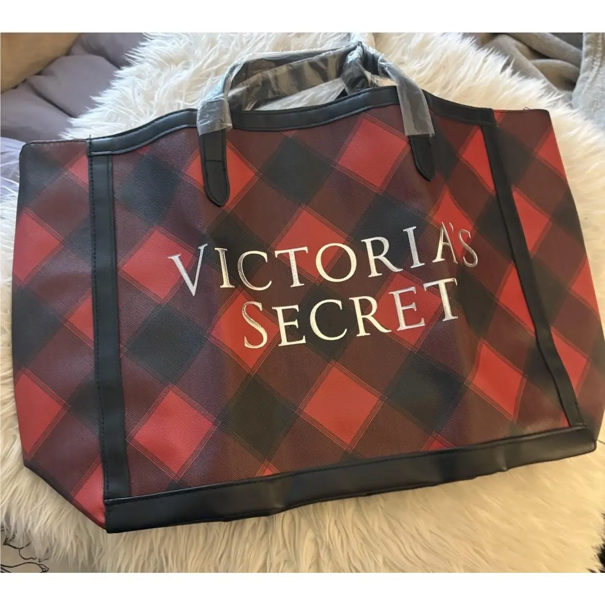 Victoria`s Secret Large Tote Bag 17” Wide 12” Long Red Black Plaid Silver by Victoria's Secret