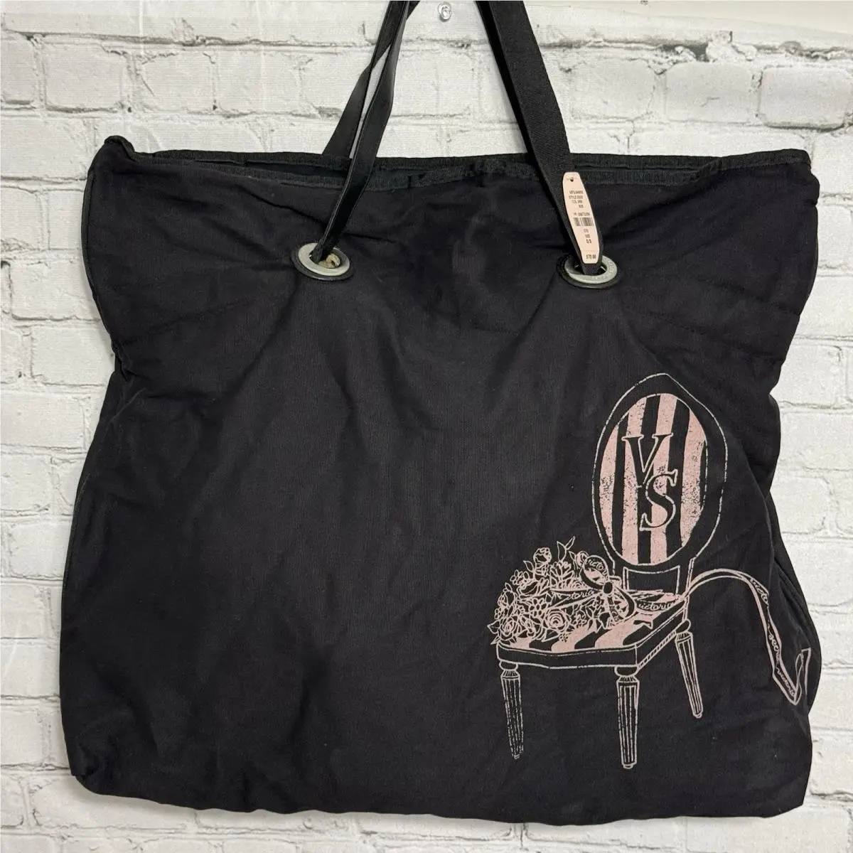 Victoria`s Secret Black Canvas Pink Graphic Chair Tote Shoulder Bag Gym