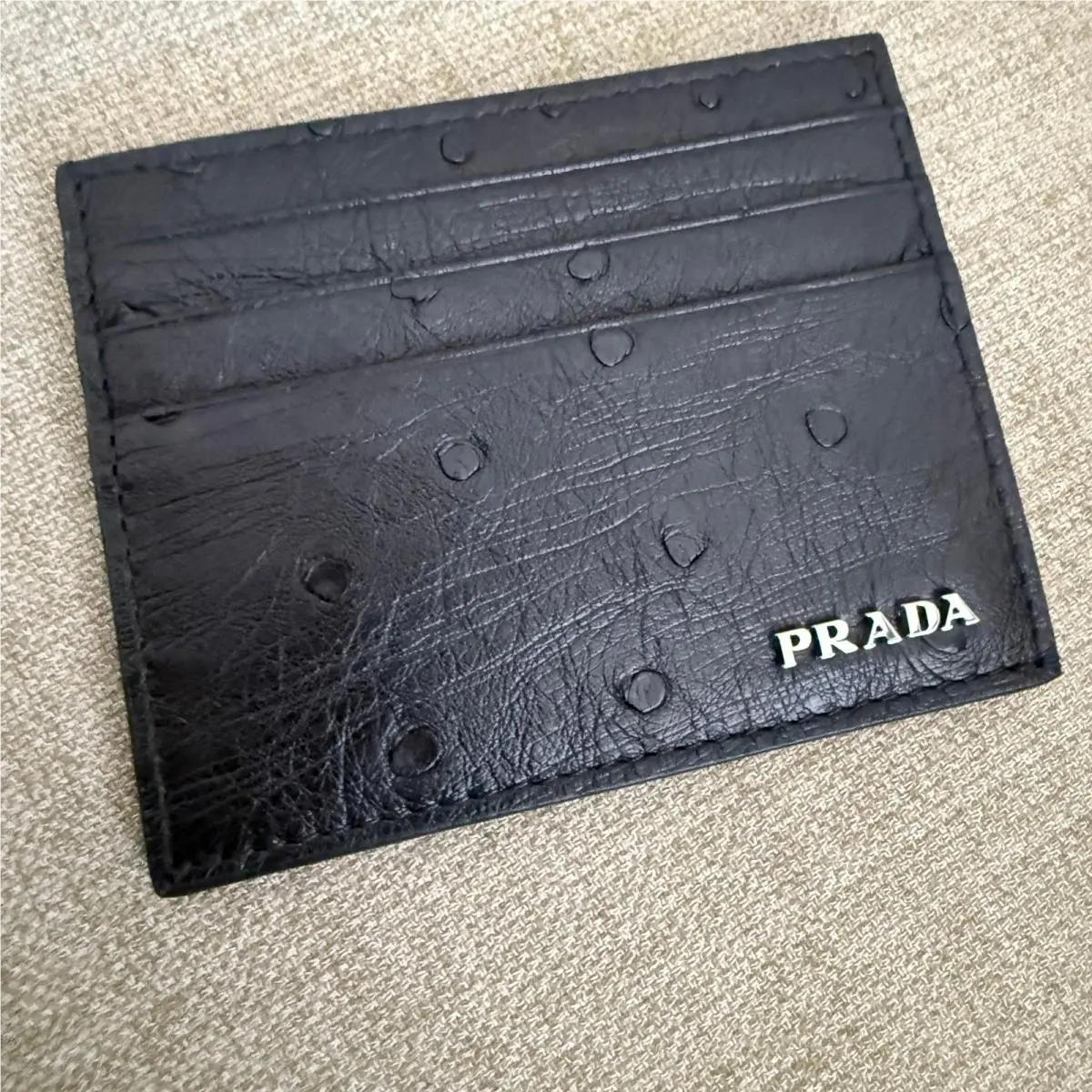 Prada Black Ostrich Leather Card Holder Wallet 2MC223 Struzzo Made in Italy