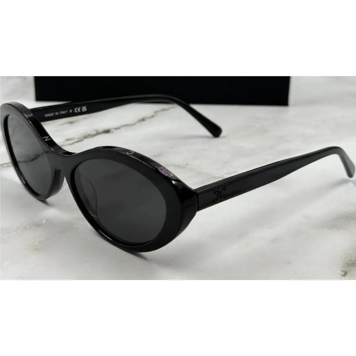 5416 Oval Black Acetate Gray Lens Sunglasses 1712S6 Purple Trim by Chanel