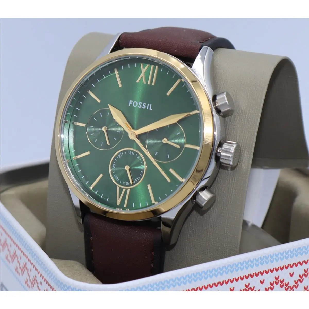 Fossil Fenmore Chrono Silver Green Brown Leather BQM7122 Men Watch