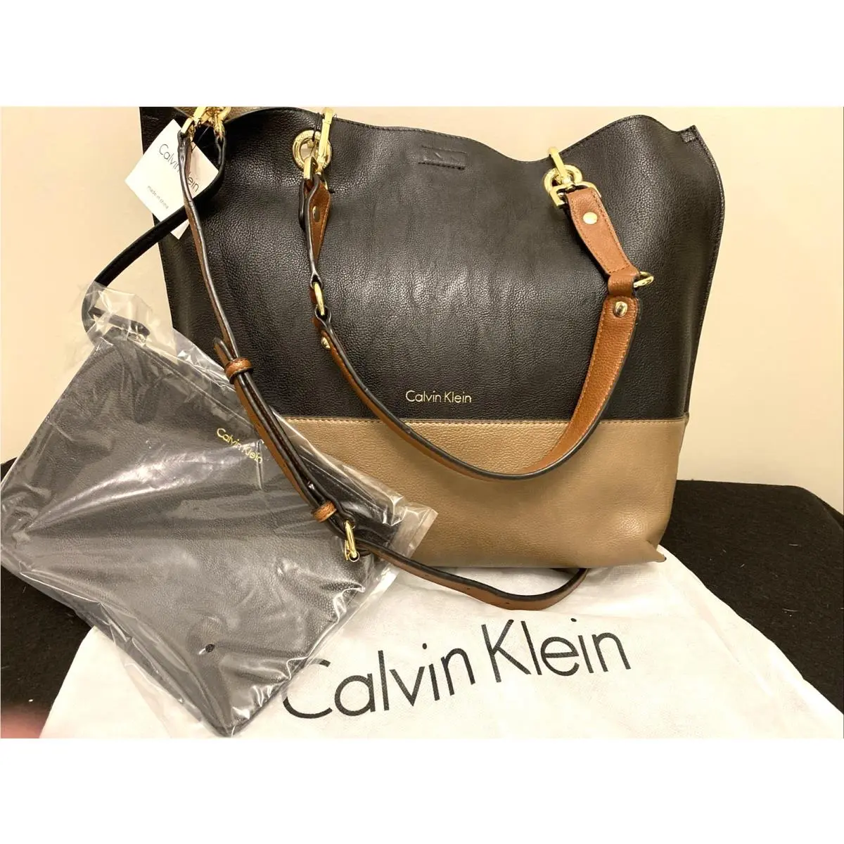 Vintage Calvin Klein Tote - Crossbody Detachable Wristlet Bag Black/caramel