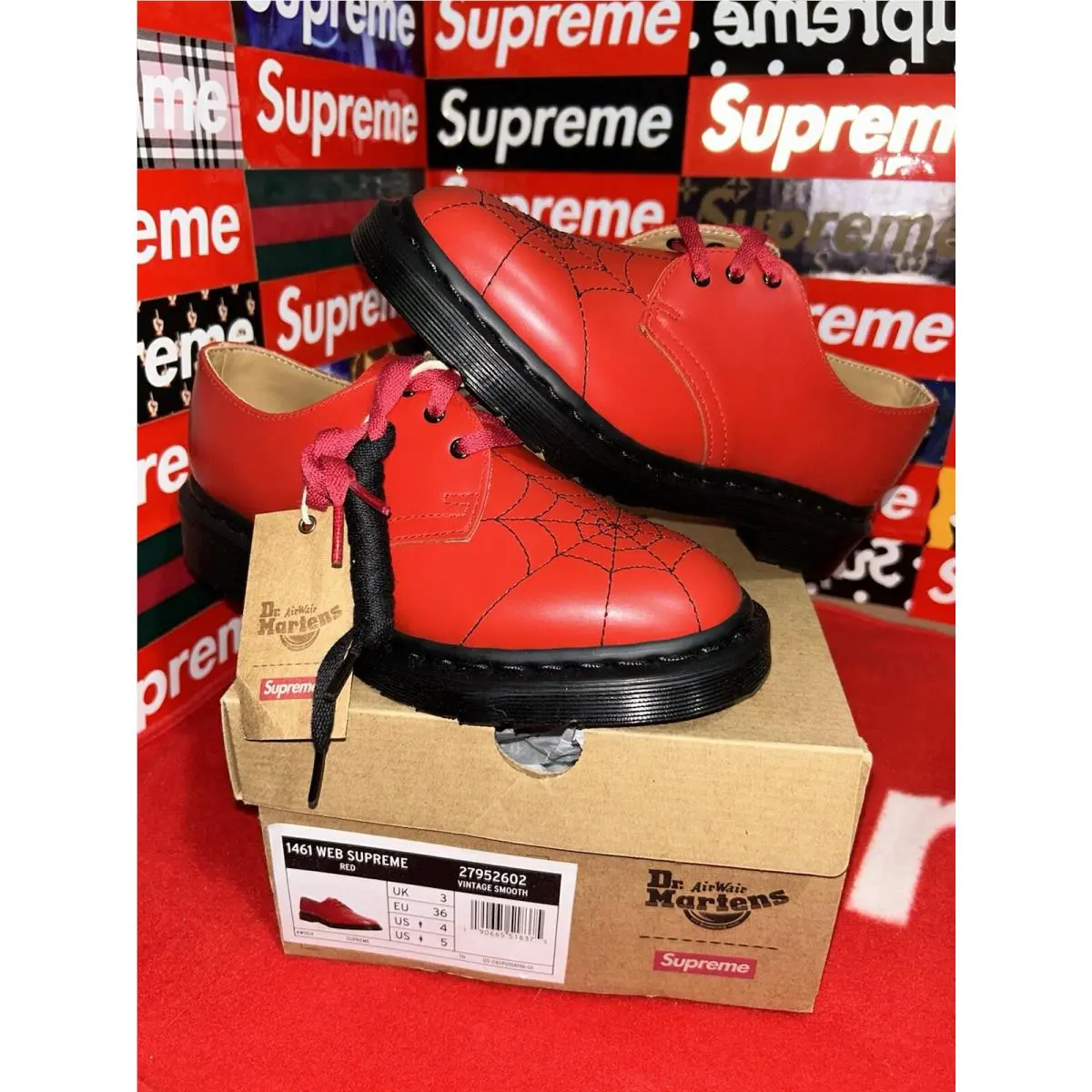 Supreme x Dr Martens Spiderweb Red 3-Eye Shoes 1461 Web Size 4