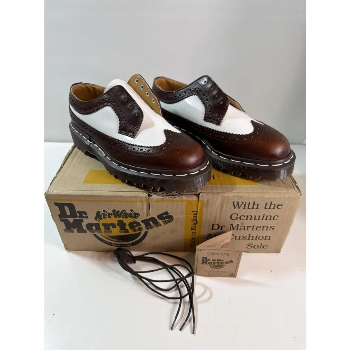Vtg Dr. Martens Size 4 Made in England 3989 Brogue Brown Cream Wing Tip Rare