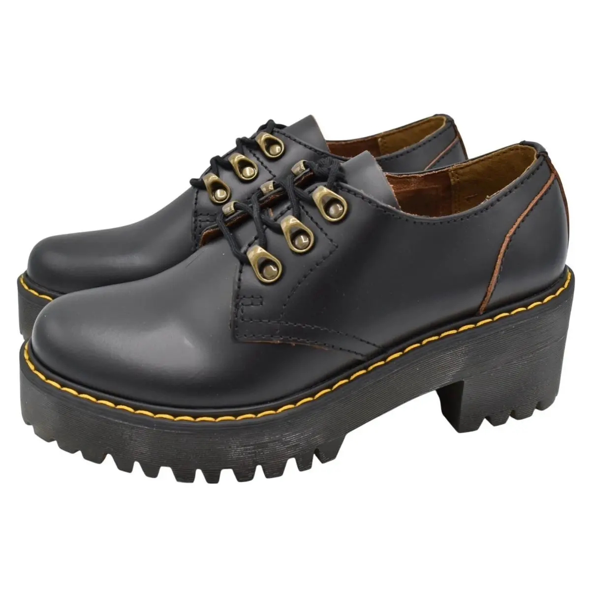 Dr Martens Women 11 Leona Lug Sole Platform Black Vintage Leather Derby Shoes