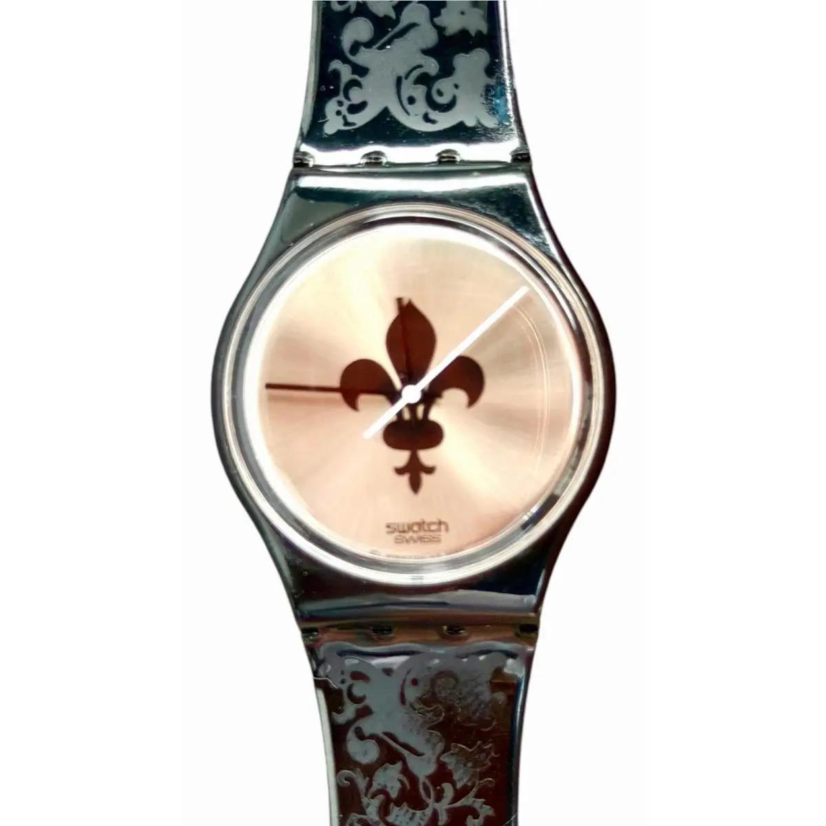Swatch Watch Lucretia GB126 1989 Gents W/ Replacement Strap Old Stock - Dial: Silver, Band: Black, Bezel: Black