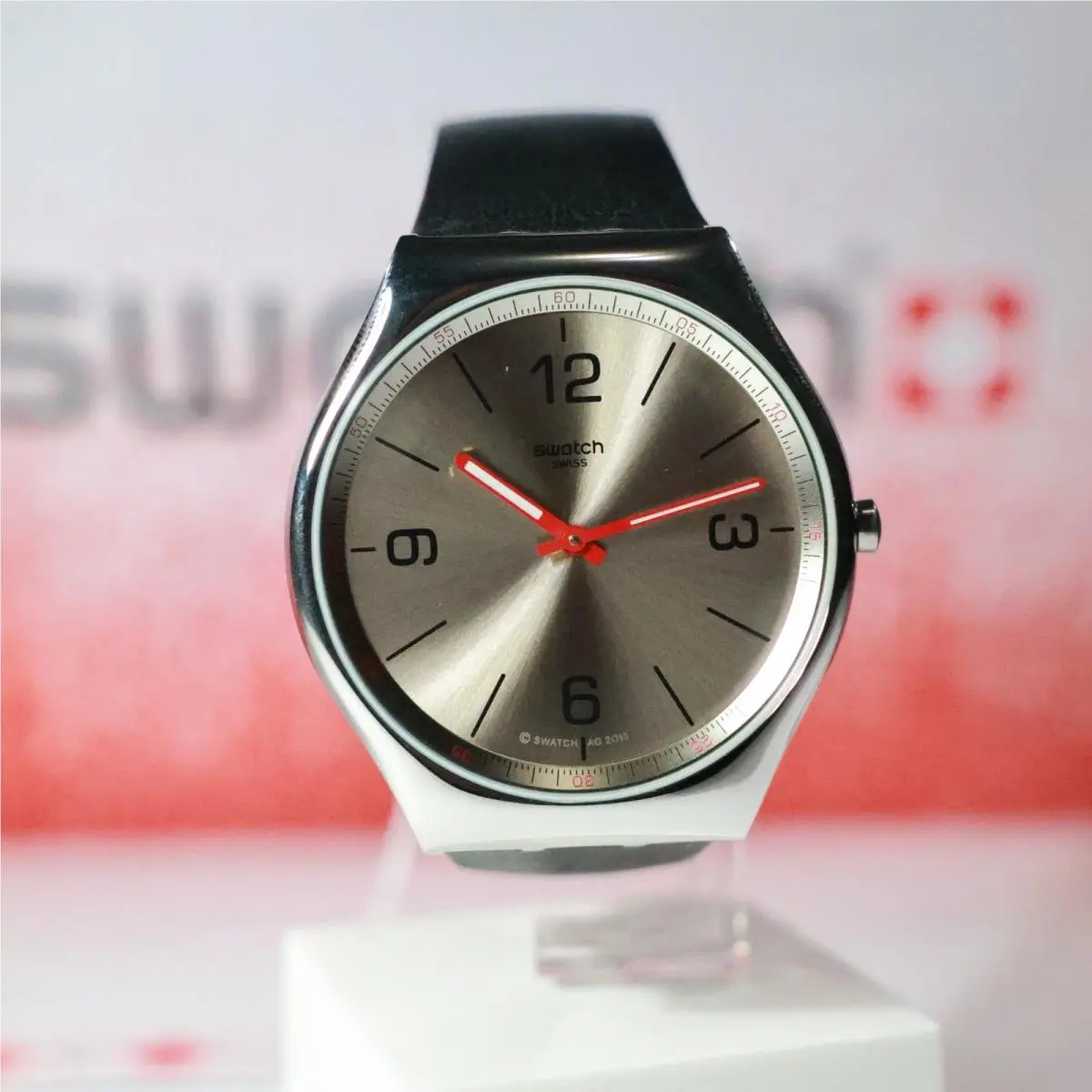 Swiss Made  Irony Skinmetal 42MM Silver Black Red Leather SS07S104 by Swatch