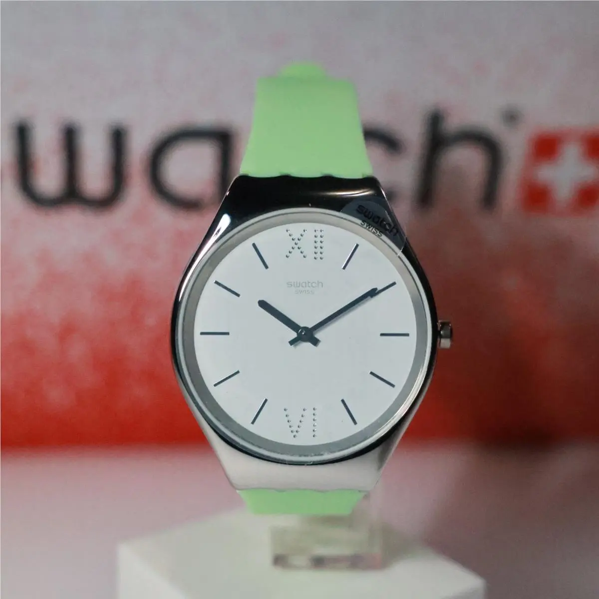 Swiss  Skin Irony Skin Aloe Green Silicone Watch Round 38MM SYXS125 by Swatch