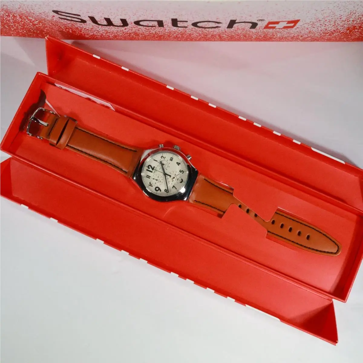 Swiss Swatch Irony Chronograph YVS408 Leblon Brown Leather Watch 43MM White