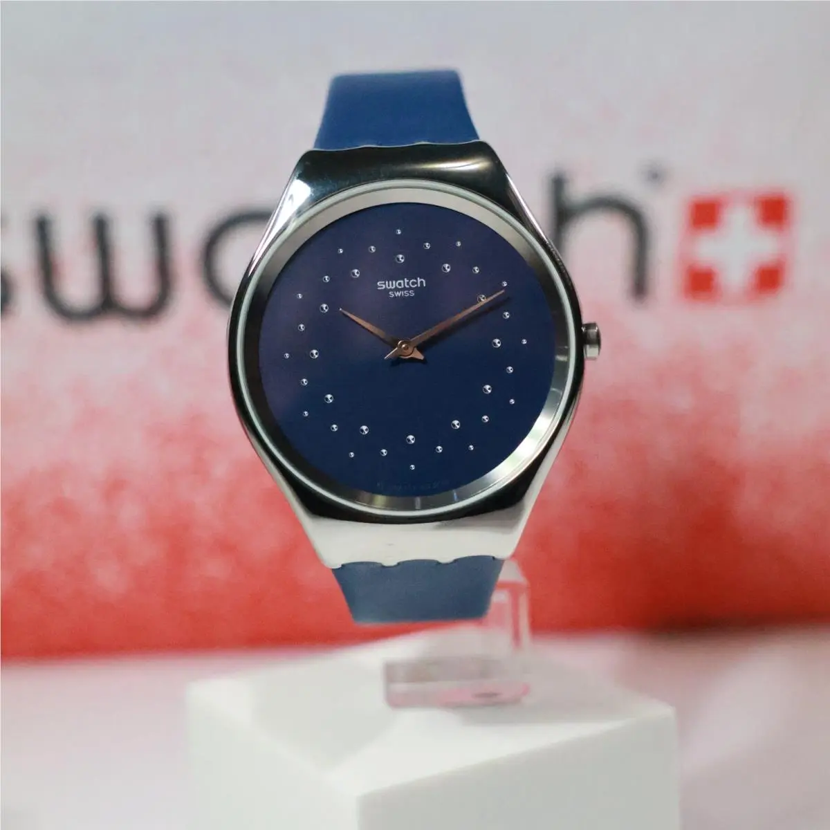 Skin Sideral SYXS127 Blue Leather Strap 38MM Stainless Steel Sparkles by Swatch