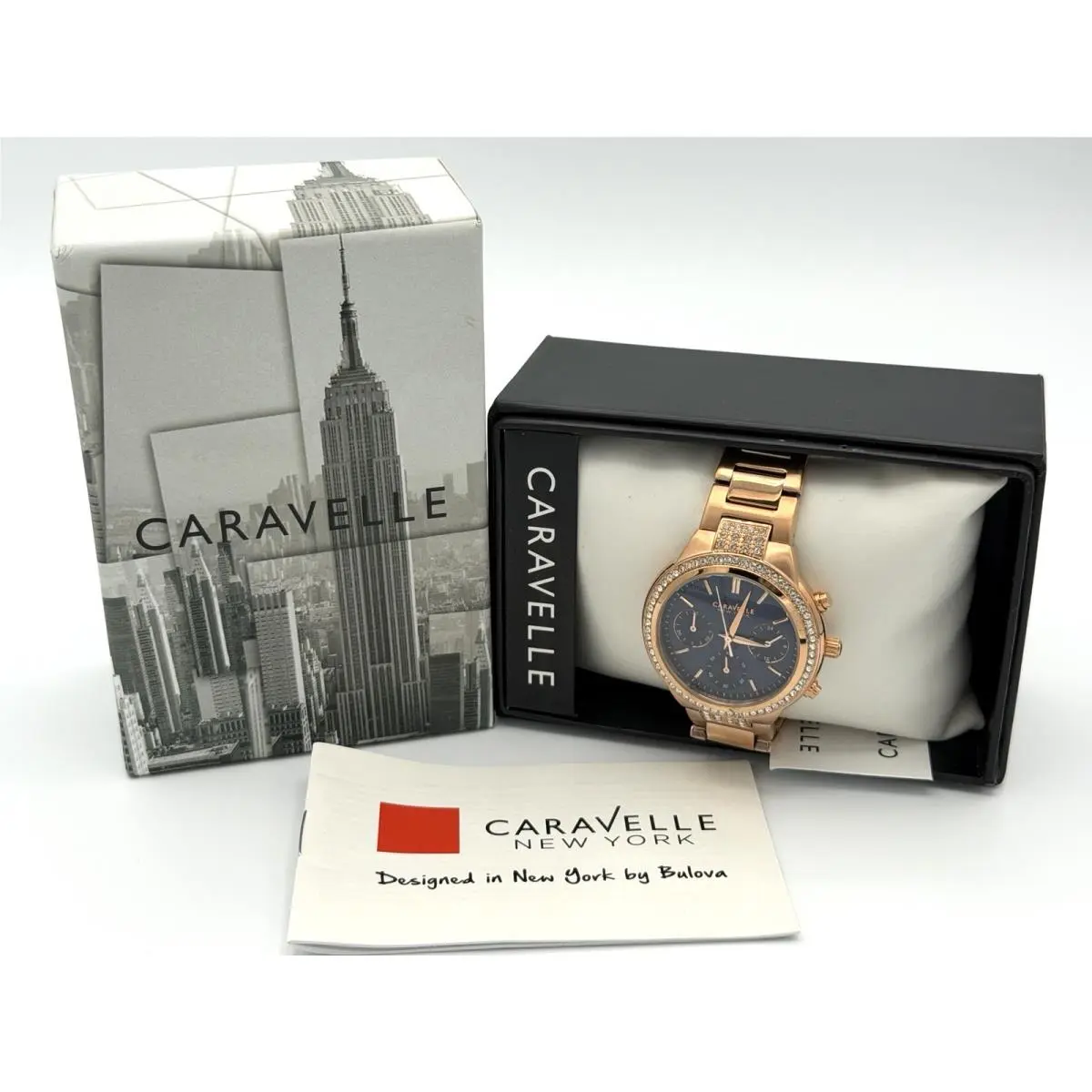 by Bulova 44L181 Chronograph Blue Dial Rose Gold Tone Women`s Watch by Caravelle