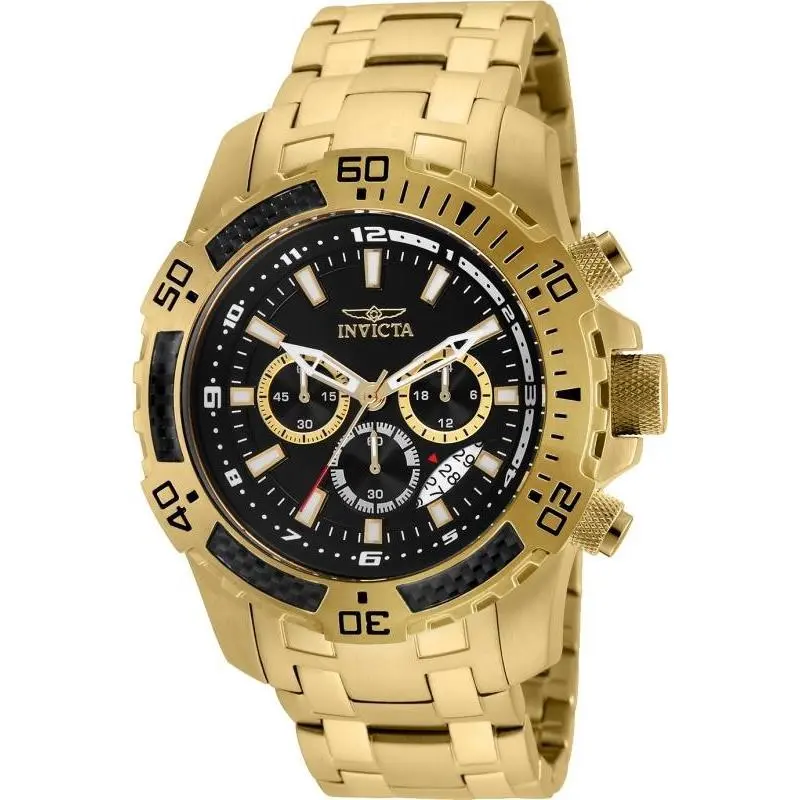 Invicta 24855 Men`s Pro Diver Chronograph Black Dial Yellow Gold Steel Bracelet - Face: Black, Dial: Black, Band: Yellow