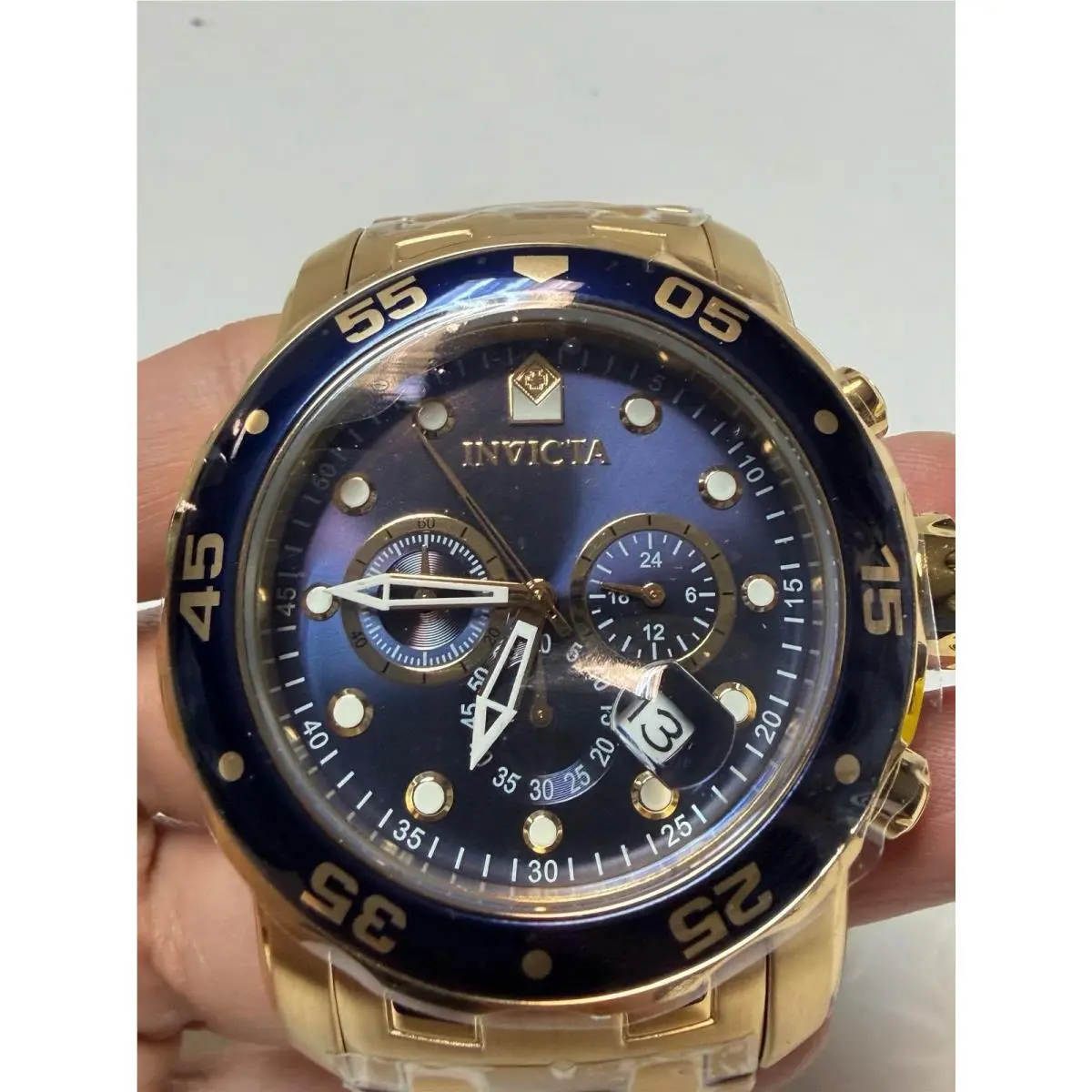 Invicta Pro Diver Tritnite 0073 Gold Tone Blue Chronograph Watch CMP126578