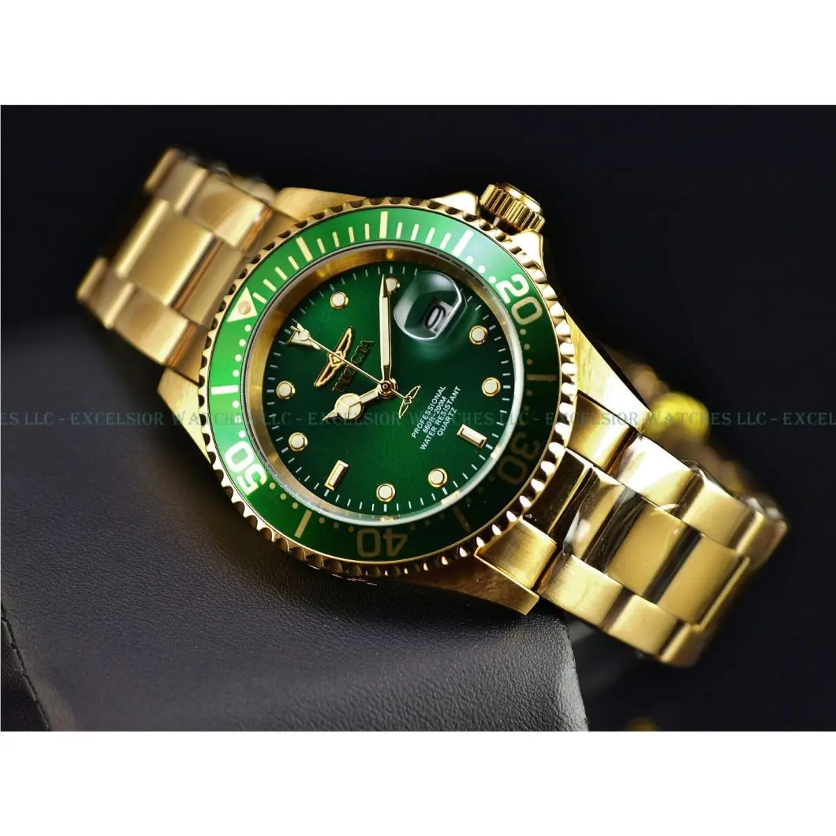 Invicta Men`s 40mm Pro Diver Quartz Green Dial Gold Plated SS Watch