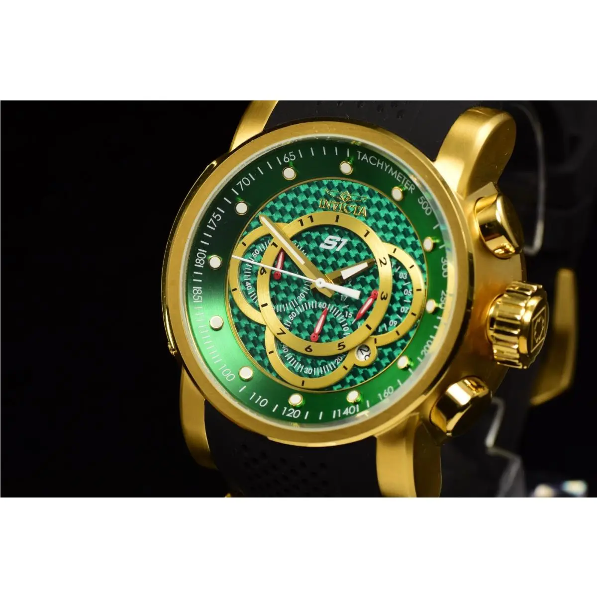 Invicta Men`s S1 Rally 52mm Chrono Green Dial SS Gold-plated Black Band Watch